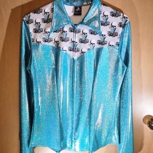 Blue Skull Teacup Polka Dot Sundial Show Clothing Rodeo Shirt Medium